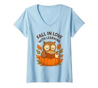 Donna Fall in Love with Learning Cute Owl Autumn Design Maglietta con Collo a V