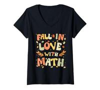 Donna Fall in Love with Math Thanksgiving Teacher Autumn Math Maglietta con Collo a V