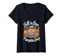 Donna Fall in Love with Pumpkin Soup Maglietta con Collo a V