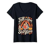 Donna Fall in Love with Storytime Autumn Family Reading Maglietta con Collo a V