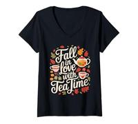 Donna Fall in Love with Tea Time Autumn Leaves Maglietta con Collo a V