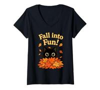 Donna Fall Into Fun Black Cat Autumn Leaves Cute Design Maglietta con Collo a V