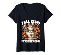Donna Fall Is My Favorite Color Autumn Thanksgiving Fall Cat Mom Maglietta con Collo a V