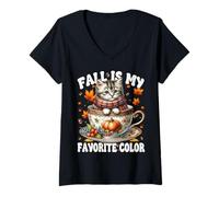 Donna Fall Is My Favorite Color Kitten in Knitted Scarf Cute Cat Maglietta con Collo a V