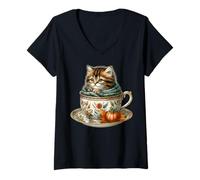 Donna Fall Kitten in Floral Coffee Mug Knitted Scarf Cute Cat Maglietta con Collo a V