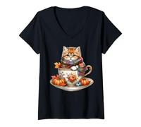 Donna Fall Kitten Pumpkin Spice Coffee Mug Knitted Scarf Cute Cat Maglietta con Collo a V