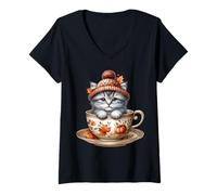 Donna Fall Kitten with Knitted Hat for Cats Autumn Thanksgiving Maglietta con Collo a V