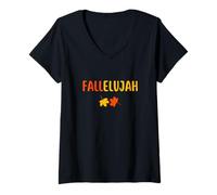 Donna Fall Lovers Fallelujah Foglie Autunnali Giochi di Parole Barzelletta Stagione Autunnale Maglietta con Collo a V