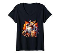 Donna Fall Sweet Fall Coffee Mug with Walnuts Pancakes Cute Autumn Maglietta con Collo a V