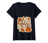 Donna Fall Vibes Vintage Autunno Amante Zucca Foglie Citazione Retro Maglietta con Collo a V