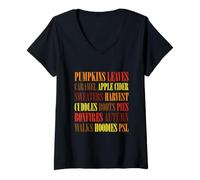 Donna Fall Vibes Word Art Cozy Autumn Leaves Pumpkins Sidro Tee Maglietta con Collo a V