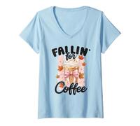 Donna Fallin' for Coffee - Simpatico Motivo Autunnale con Latte Macchiato, Zucca e spezie Maglietta con Collo a V