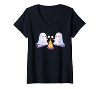 Donna Falò spettrale arrosto Marshmallow Halloween Camp Fire Maglietta con Collo a V
