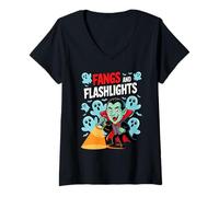 Donna Fangs And Flashlights Funny Vampires Ghost Hunting Halloween Maglietta con Collo a V