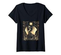 Donna Fantasia del drago maestoso al chiaro di luna Maglietta con Collo a V