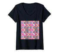 Donna FANTASIA ESAGONALE GEOMETRICO -VIOLA PESCA E ROSA E GRIGIO Maglietta con Collo a V