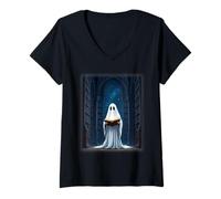 Donna Fantasma Amante dei Libri nella Biblioteca Gotica Magica Atmosfera di Halloween Maglietta con Collo a V
