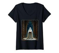 Donna Fantasma Amante dei Libri nella Biblioteca Gotica misteriosa Atmosfera di Halloween Maglietta con Collo a V