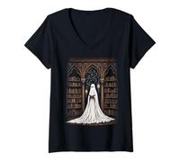 Donna Fantasma Amante dei Libri nella Biblioteca Gotica spettrale Atmosfera di Halloween Maglietta con Collo a V
