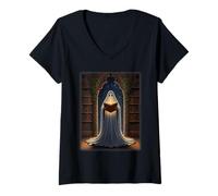 Donna Fantasma bibliotecario nella Biblioteca Gotica Magica Atmosfera di Halloween Maglietta con Collo a V