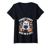 Donna Fantasma Che Tiene Gatto Nero Floreale dimentica Caramelle Give Me A Cat Maglietta con Collo a V