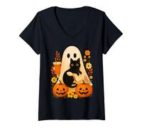 Donna Fantasma Che Tiene Il Gatto Groovy Floreale Vintage Halloween Design Maglietta con Collo a V