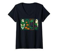 Donna Fantasma con Piante, Carino Hippie Fantasma Pianta Mamma Halloween Maglietta con Collo a V