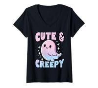 Donna Fantasma dei cartoni animati super carino, Kawaii Halloween Pastel Goth Maglietta con Collo a V