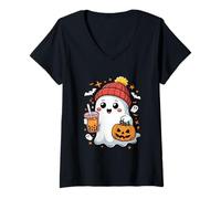 Donna Fantasma di Halloween Kawaii con il tè Boba di zucca Maglietta con Collo a V