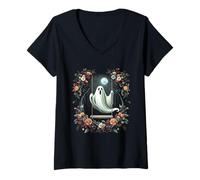 Donna Fantasma Floreale Vintage su Altalena nella Foresta Halloween Gotico Maglietta con Collo a V