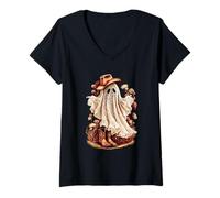 Donna Fantasma Floreale Western Halloween Cowgirl Country Cowboy Di Pizzo Maglietta con Collo a V