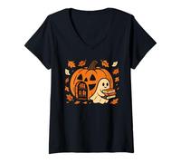 Donna Fantasma Halloween con Libri Zucca Biblioteca Lettura Maglietta con Collo a V