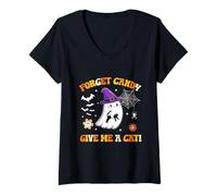 Donna Fantasma Holding Gatto Nero Groovy Forget Candy Give Me A Cat Maglietta con Collo a V
