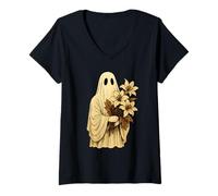 Donna Fantasma Holding Lily Flowers Vintage Spettrale Carino Halloween Maglietta con Collo a V