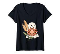 Donna Fantasma Kawaii con girasole e erba di pampa autunno design Maglietta con Collo a V