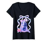 Donna Fantasma pastello che tiene il gatto Halloween Carino Spooky Coquette Maglietta con Collo a V