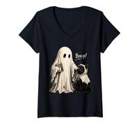 Donna Fantasma spettrale Vintage con Gatto Nero e Libro Maglietta con Collo a V
