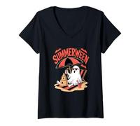 Donna Fantasma Summerween Castello di Sabbia Spiaggia Halloween Maglietta con Collo a V
