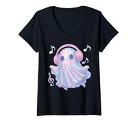 Donna Fantasmi Cuffie Amante della Musica Kawaii Pastello Ragazze Maglietta con Collo a V