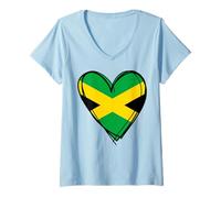Donna Fantastica Bandiera della Giamaica «I Love Jamaica», Motivo a Cuore, Jamaican Pride Maglietta con Collo a V