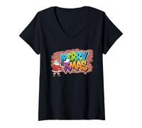 Donna Fantastica Pittura Natalizia Graffiti Santa Merry Xmas Street Art Maglietta con Collo a V