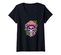 Donna Fantastico Design a Scheletro. Amanti del Cranio e dei Funghi Maglietta con Collo a V