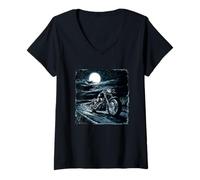 Donna Fantastico Pilota Notturno con Moto di Full Moon Maglietta con Collo a V