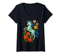 Donna Fantasy Artwork Equestrian Geometrico Mosaico Floreale Unicorno Maglietta con Collo a V