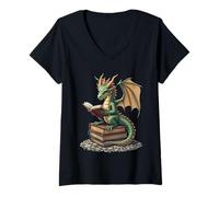 Donna Fantasy Drago Lettura Creatura Mitica Halloween Vibes Maglietta con Collo a V