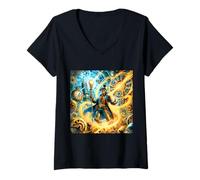 Donna Fantasy Steampunk Mago del Tempo Maglietta con Collo a V