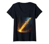 Donna Fantasy Sword Flames Cave Maglietta con Collo a V