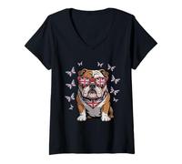 Donna Farfalla Bella Bandiera UK Bulldog Donna Ragazza Union Jack Maglietta con Collo a V