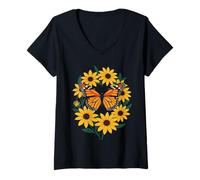 Donna Farfalla Checkerspot E Fiori Margherita dagli Occhi Neri Maglietta con Collo a V