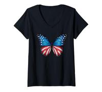 Donna Farfalla con bandiera americana Wings of Freedom 4 luglio Maglietta con Collo a V